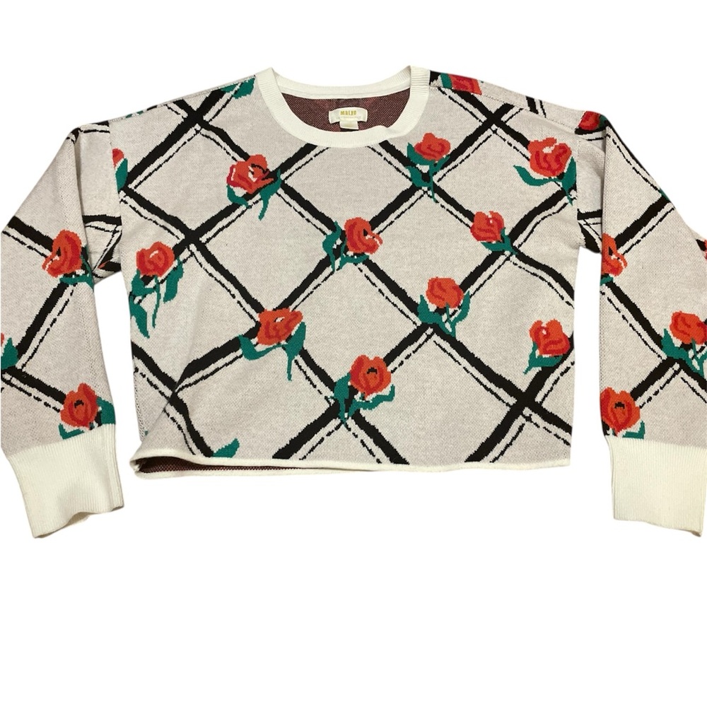 Anthropologie Cream Sweater with‎ Red Floral Pattern